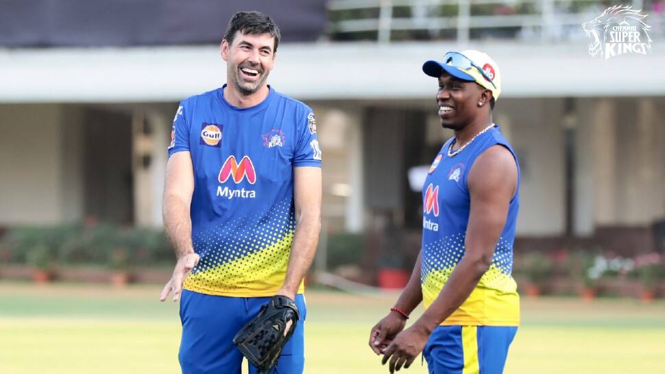 Chennai Super Kings coach Stephen Fleming (left) with all-rounder Dwayne Bravo at practice in Mumbai. (Photo: Chennai Super Kings) 