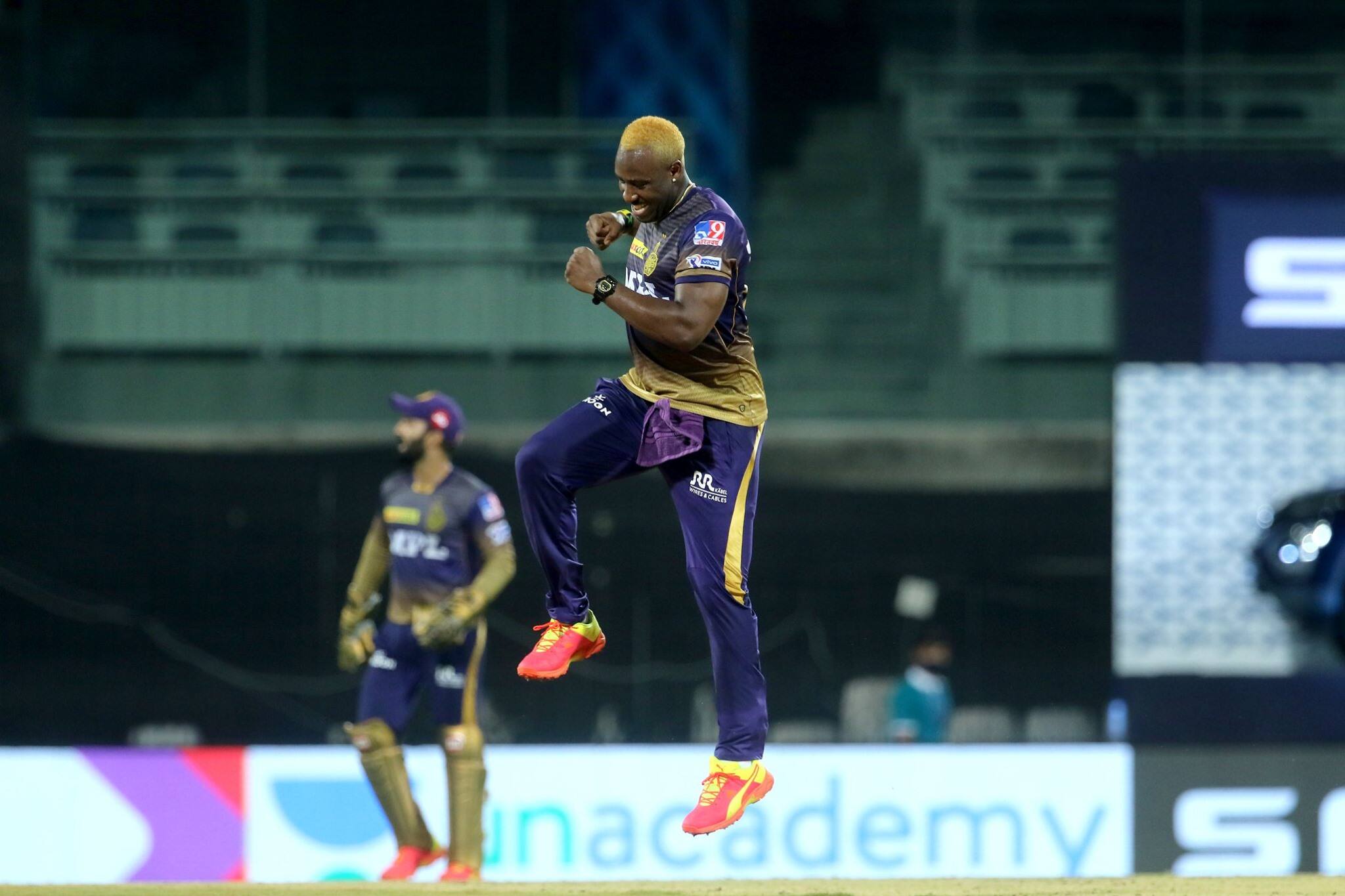 Kolkata Knight Riders all-rounder Andre Russell celebrates after picking up a wicket against Mumbai Indians in Chennai. (Photo: IPL)