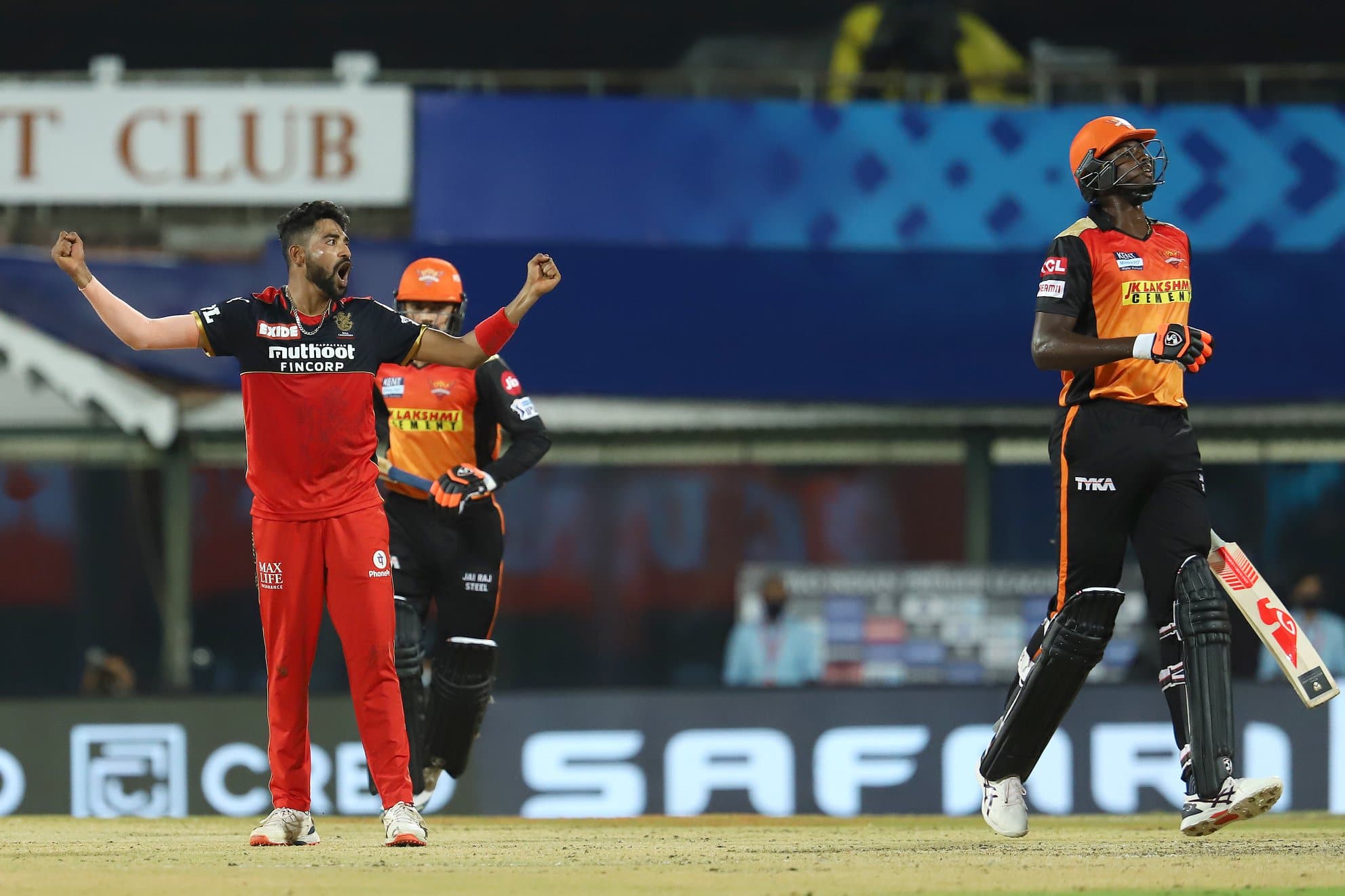 Royal Challengers Bangalore paceman Mohammed Siraj celebrates after dismissing Sunrisers Hyderabad all-rounder Jason Holder in their IPL 2021 match. (Photo: IPL)