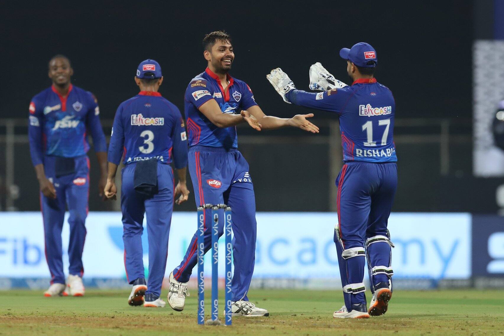 Delhi Capitals paceman Avesh Khan celebrates a dismissal with skipper Rishabh Pant against Rajasthan Royals in Mumbai. (Photo: IPL)