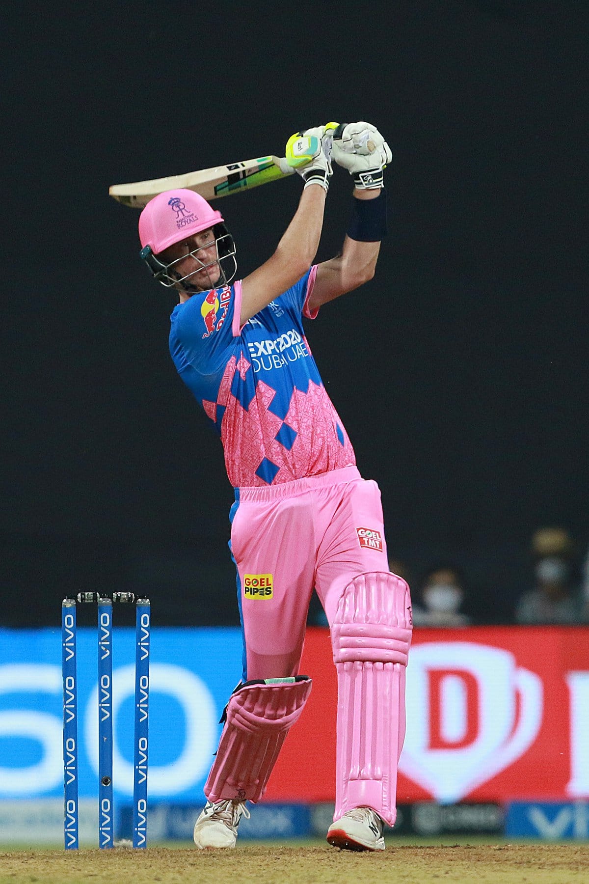 Rajasthan Royals all-rounder Chris Morris goes for a big one against Delhi Capital in their IPL 2021 clash. (Photo: IPL)