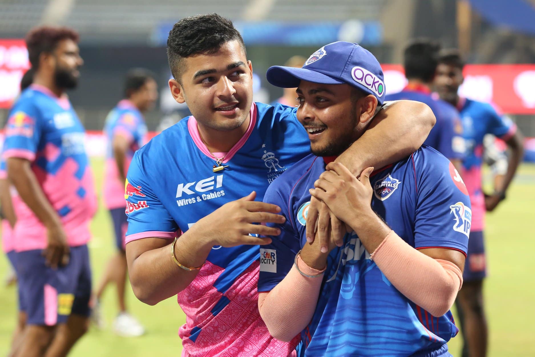 Rajasthan Royals all-rounder Riyan Parag (left) and Prithvi Shaw of Delhi Capitals relax after their IPL 2021 clash at the Wankhede Stadium in Mumbai. (Photo: IPL)