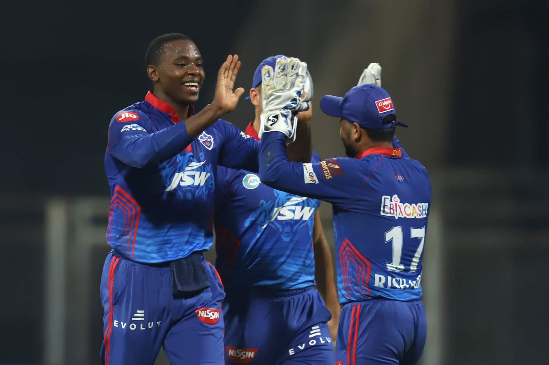 Delhi Capitals paceman Kagiso Rabada celebrates picking up a wicket against Rajasthan Royals in their IPL 2021 match in Mumbai. (Photo: IPL)