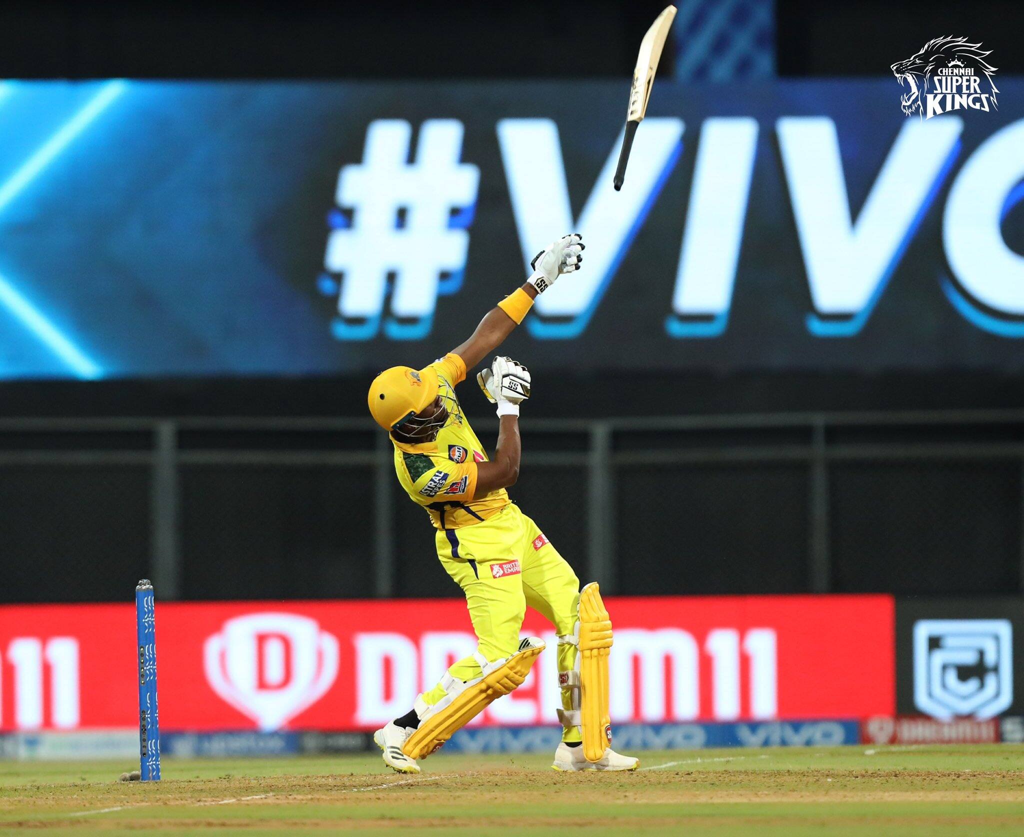 CSK all-rounder Dwayne Bravo loses his bat while going for a big shot against Rajasthan Royals in their IPL 2021 match in Mumbai. (Photo: IPL)