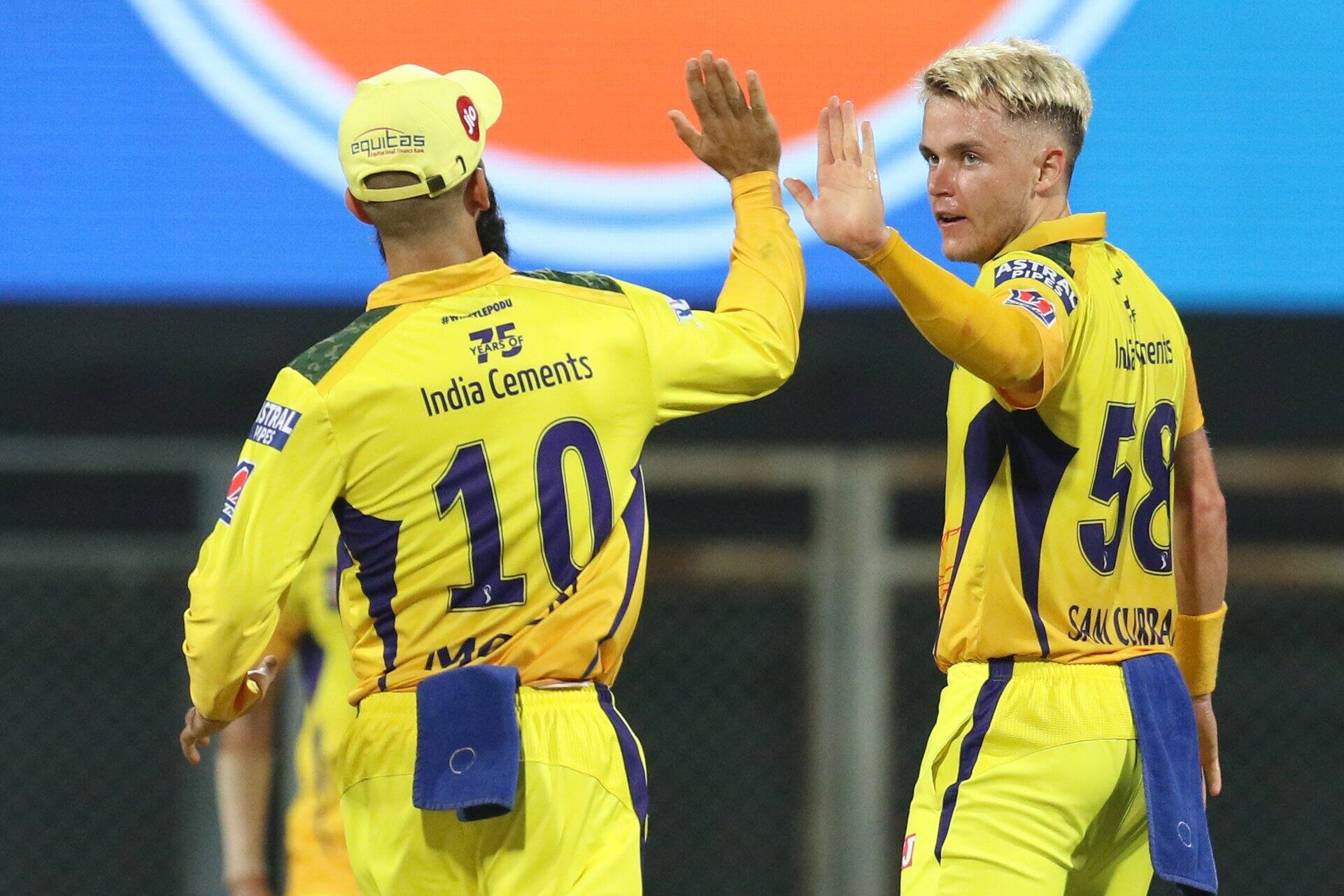 CSK all-rounder Sam Curran celebrates after taking a wicket against Rajasthan Royals in their IPL 2021 in Mumbai. (Photo: IPL)