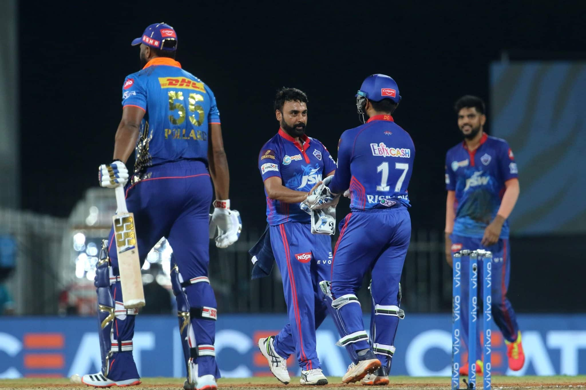 Delhi Capitals leg-spinner Amit Mishra celebrates after dismissing Mumbai Indians all-rounder Kieron Pollard in Chennai. (Photo: IPL)