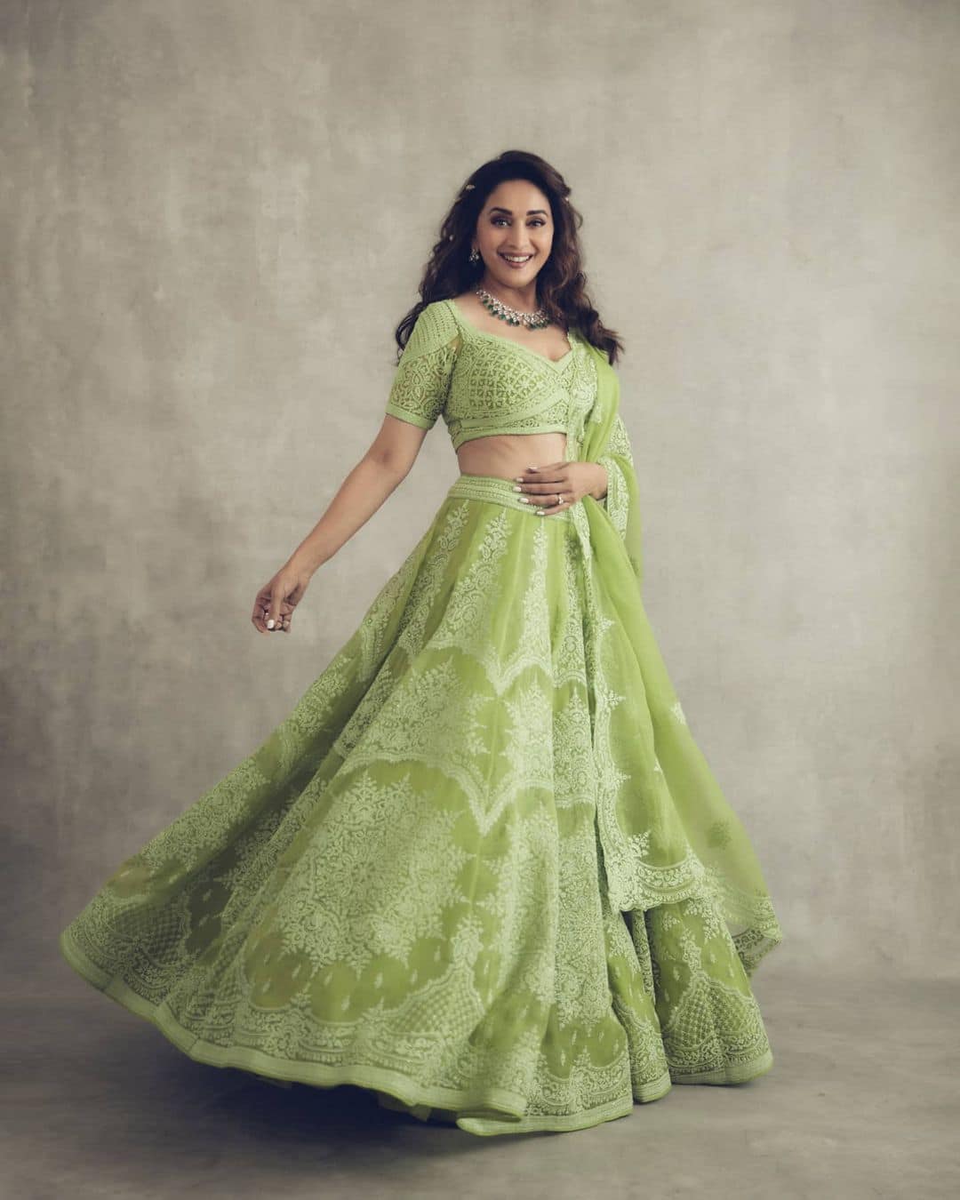 Madhuri looks straight out of a dreamland in this mint green lehenga