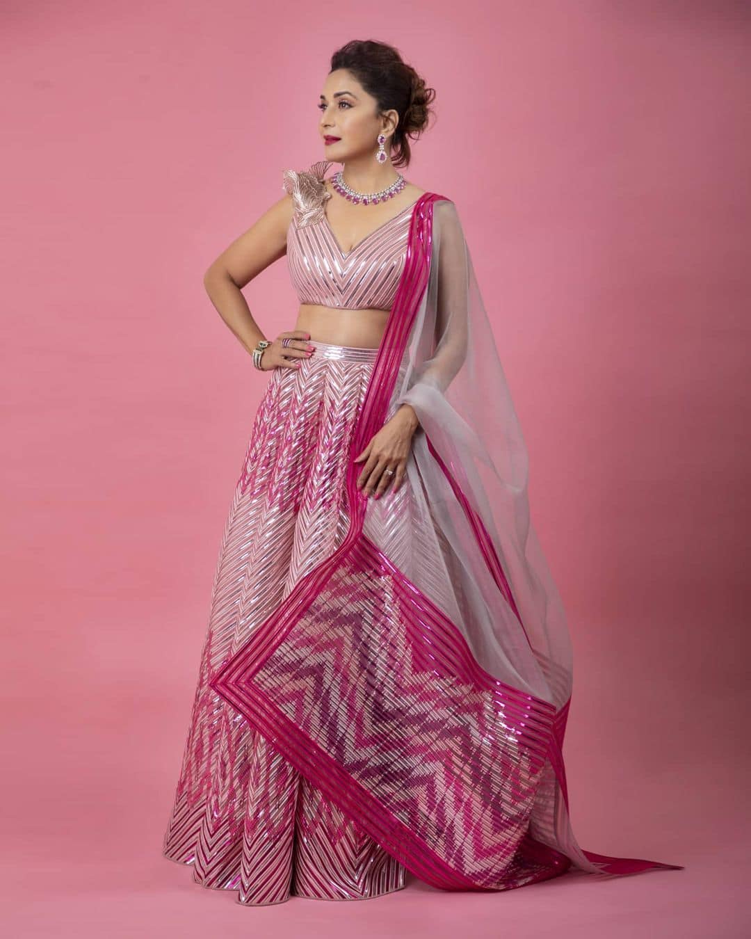 Madhuri Dixit rocks in this pink and silver lehenga