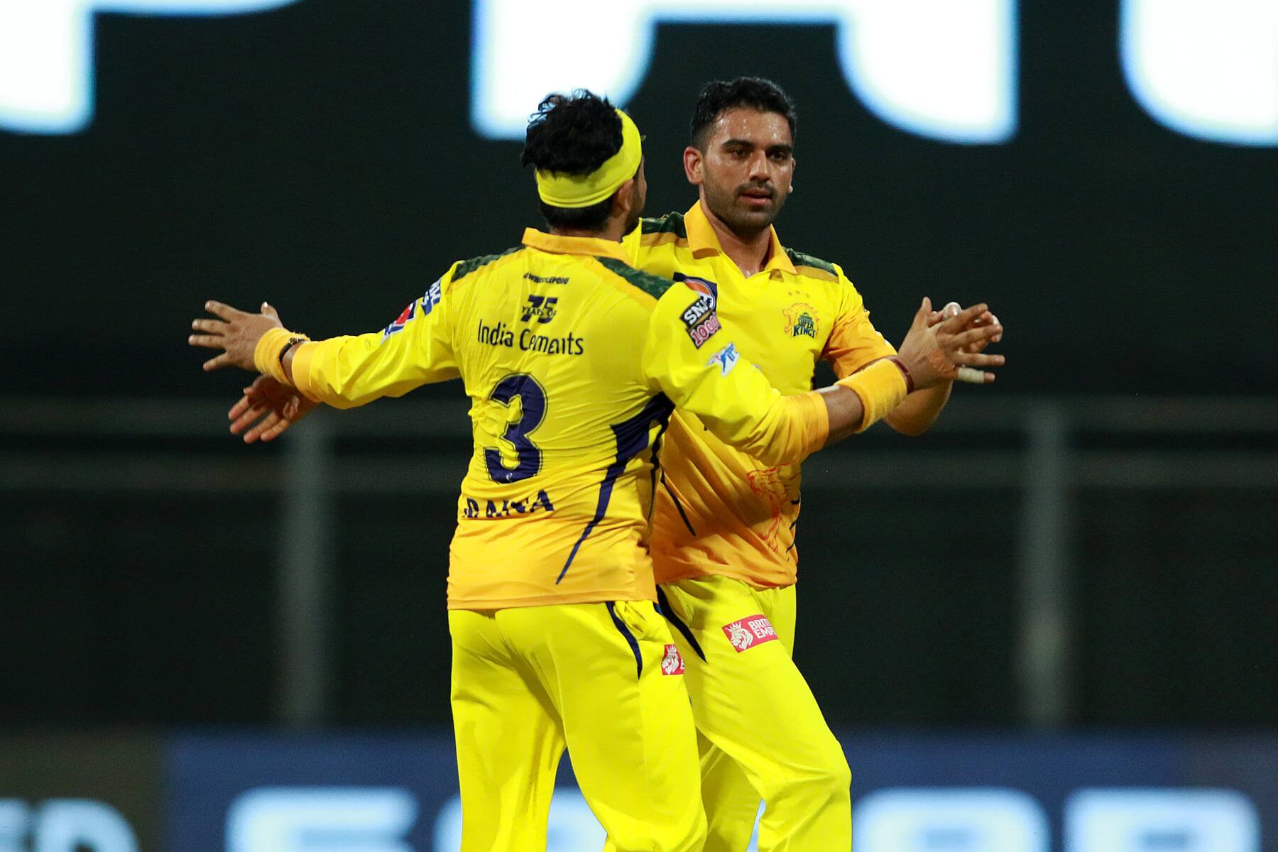 Chennai Super Kings paceman Deepak Chahar celebrates after picking up a wicket against Kolkata Knight Riders in their IPL 2021 match in Mumbai. (Photo: IPL)