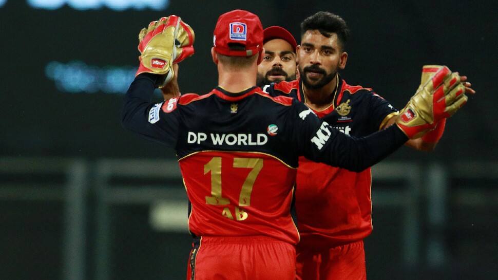 Royal Challengers Bangalore paceman Mohammed Siraj celebrates after picking up a wicket against Rajasthan Royals in their IPL 2021 match in Mumbai. (Photo: ANI)