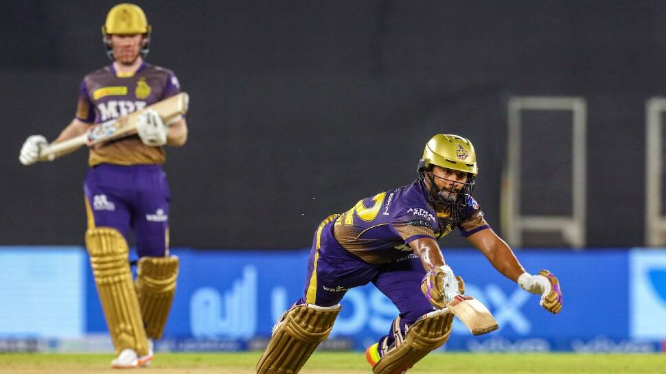 Kolkata Knight Riders batsman Rahul Tripathi dives to make his ground against Punjab Kings at the Narendra Modi Stadium in Ahmedabad. (Photo: PTI)