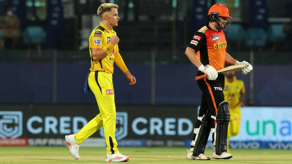 Chennai Super Kings all-rounder Sam Curran celebrates after dismissing Sunrisers Hyderabad opener Jonny Bairstow in their IPL 2021 match in New Delhi. (Photo: IPL)