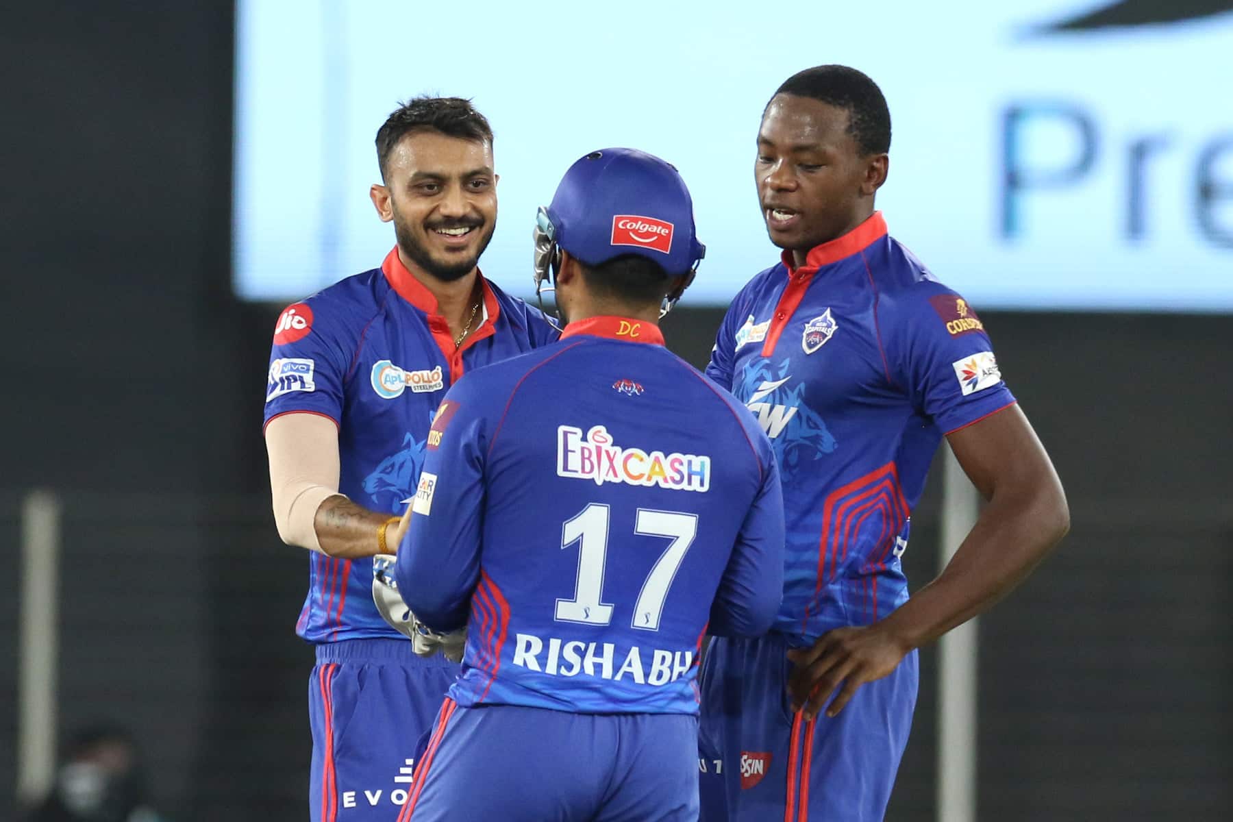 Delhi Capitals all-rounder Axar Patel (left) celebrates after taking a wicket against Kolkata Knight Riders in their IPL 2021 match in Ahmedabad. (Photo: IPL)