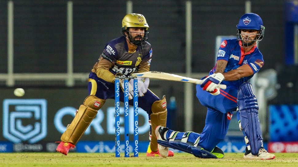 Delhi Capitals opener Shikhar Dhawan hits a boundary against Kolkata Knight Riders at the Narendra Modi Stadium in Ahmedabad. (Photo: PTI)