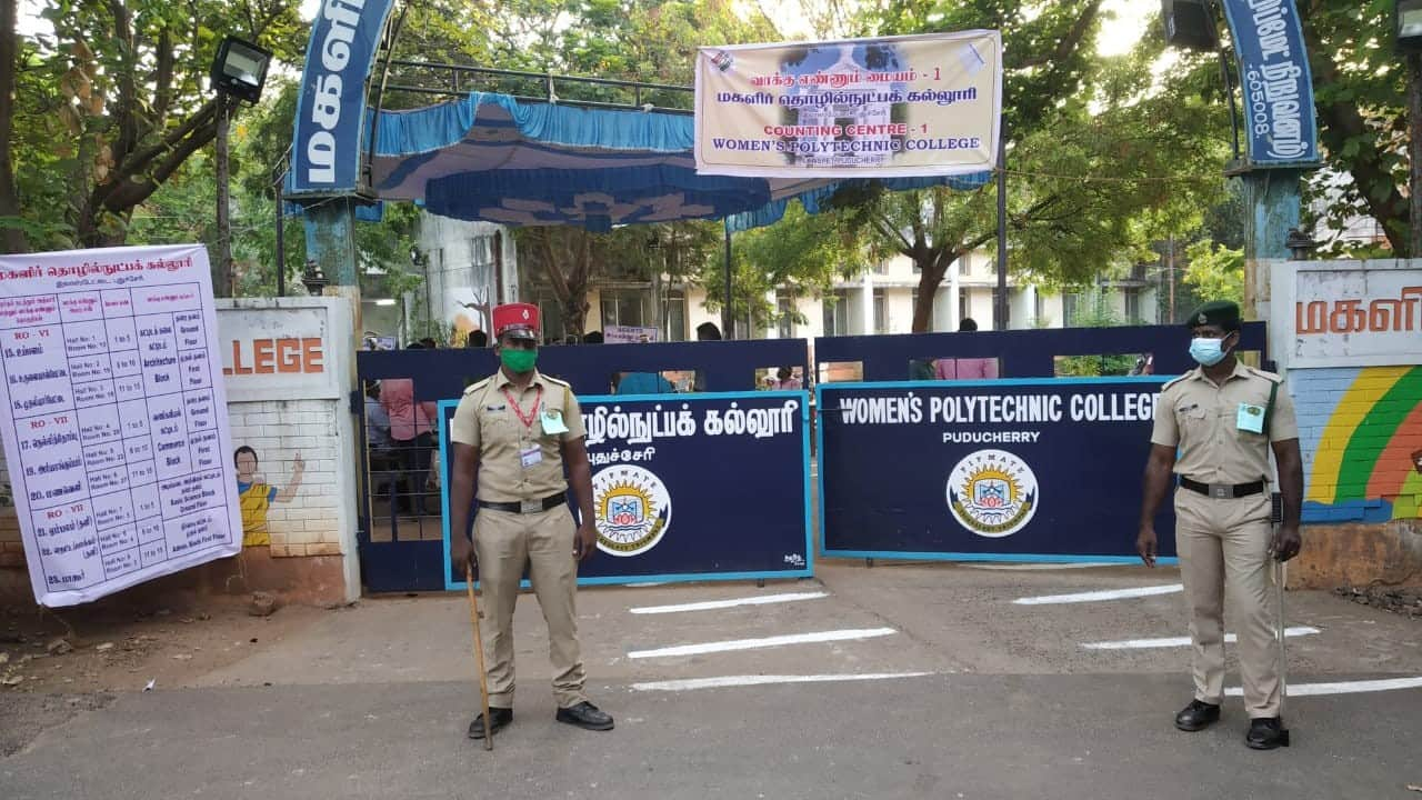 Outside visuals from a counting centre in Lawspet, Puducherry