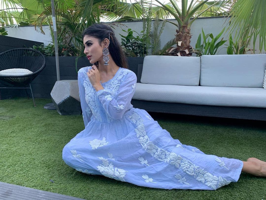 Mouni rocks in powder blue chikan kurta