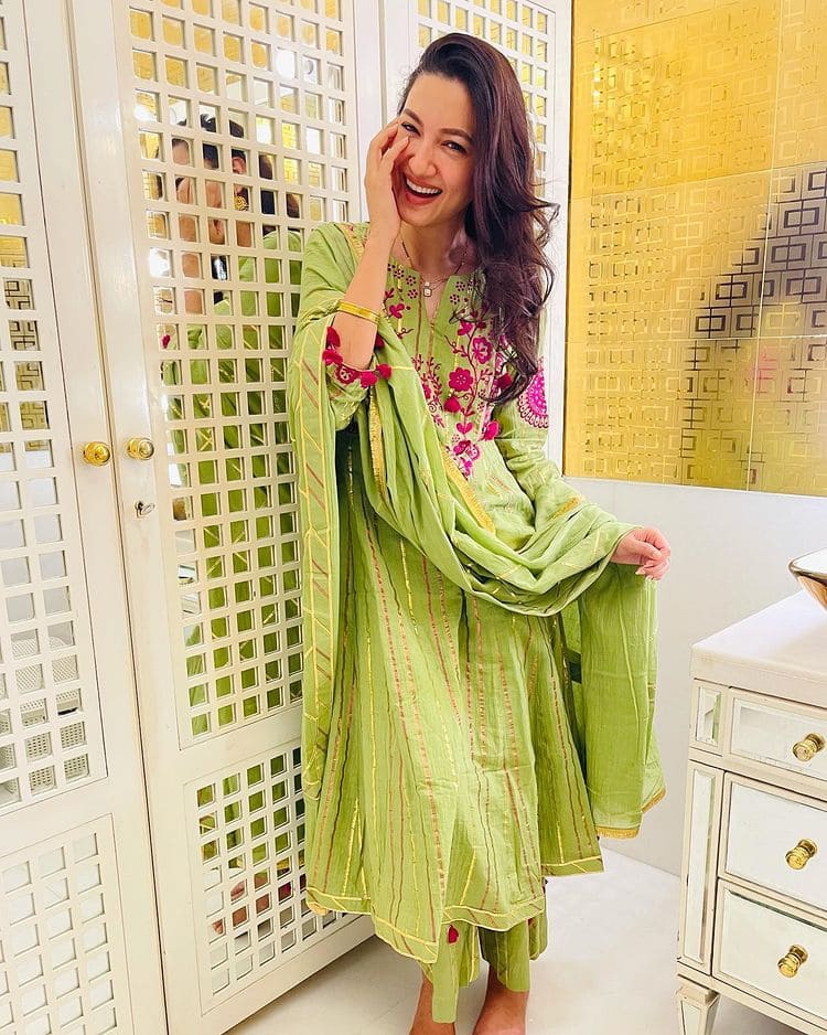 Gauahar Khan looks lovely in green and pink anarkali suit