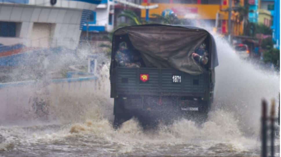 Army officers patrol during landfall of cyclone Yaas at Digha in WB