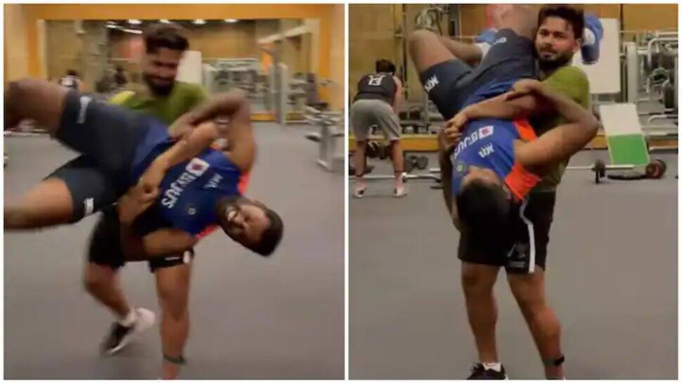 WTC Final: Rishabh Pant displays muscle power, lifts and rotates Team India&#039;s analyst in gym - WATCH