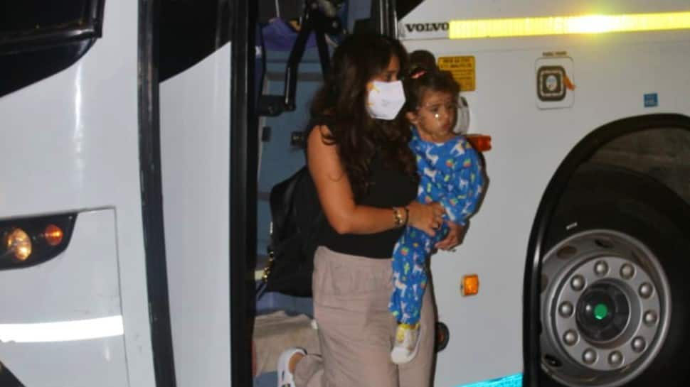 Rohit Sharma's wife Ritika Sajdeh with daughter Samaira at the Mumbai airport before their departure for UK. (Photo: Viral Bhayani)