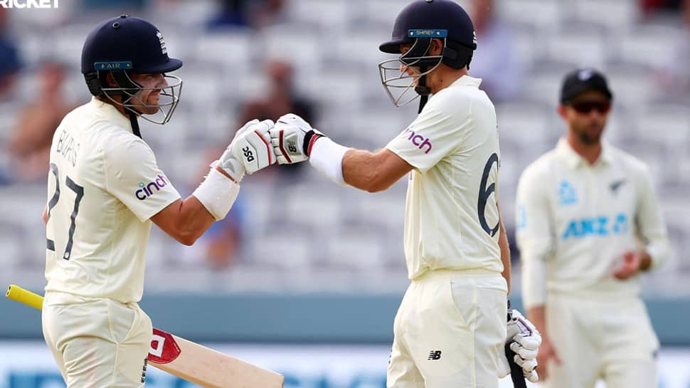 England opener Rory Burns (left) and captain Joe Root during their unbeaten partnership on Day Two of the first Test against New Zealand at Lord's. (Source: Twitter)