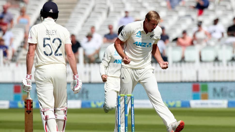 New Zealand paceman Kyle Jamieson exults after dismissing England opener Dominic Sibley on Day Two of the first Test at Lord's. (Source: Twitter)