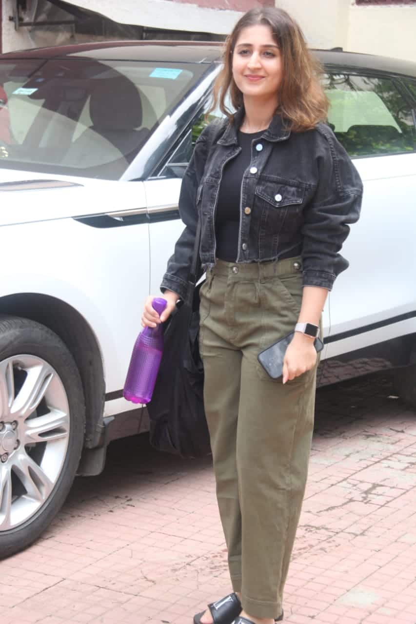 Dhvani looked chic in black jacket and green pants