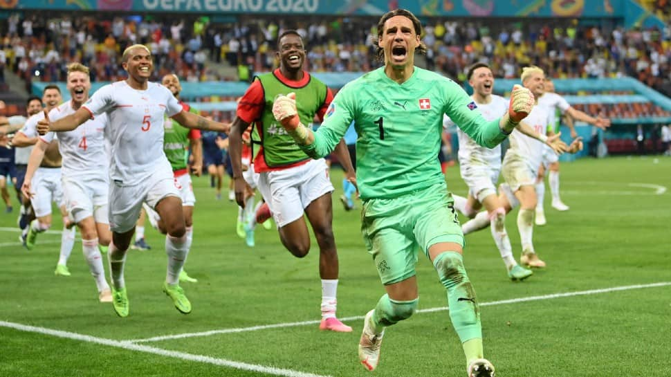 Switzerland goalkeeper Yann Sommer exults after saving a crucial penalty against France in their UEFA Euro 2020 Round of 16 match. (Source: Twitter)