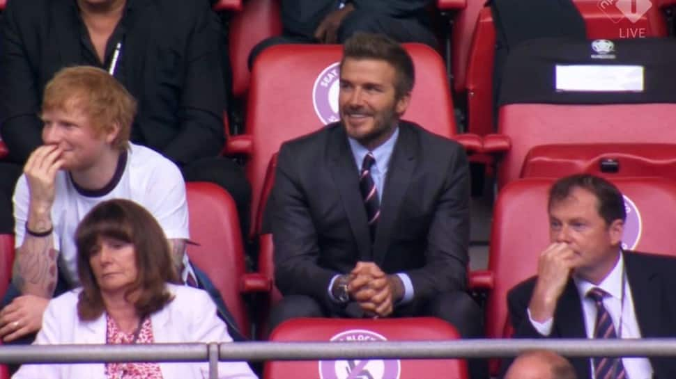 Former England footballer David Beckham (right) seen with singer Ed Sheeran in the Wembley stands cheering England against Germany in their UEFA Euro 2020 clash. (Source: Twitter)