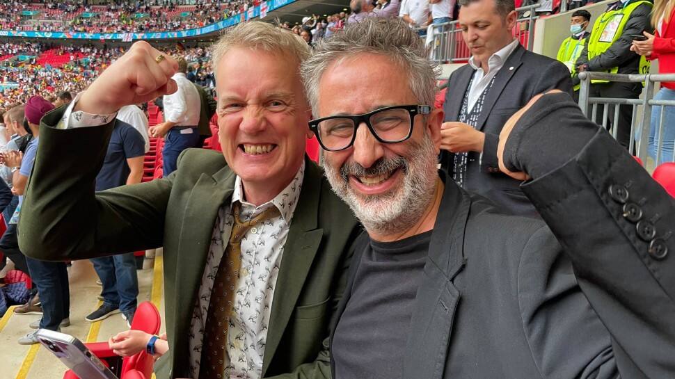 British comedian David Baddiel exults after an England goal against Germany in the UEFA Euro 2020 Round of 16 clash at Wembley in London. (Source: Twitter)