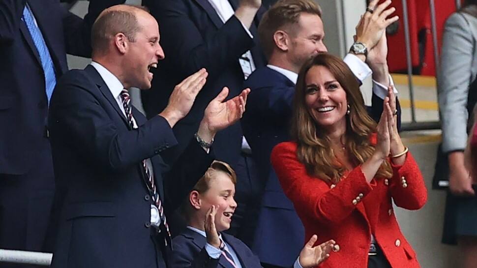 Prince William with wife Catherine and son Prince George cheer a goal by England in their UEFA Euro 2020 Round of 16 game at Wembley. (Source: Twitter)