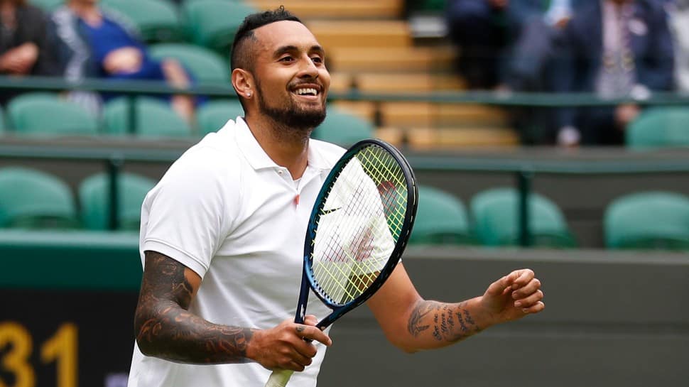 Australia's Nick Kyrgios celebrates after his marathon five-set win over 21st seed Ugo Humbert of France in round one of Wimbledon 2021. (Photo: PTI)