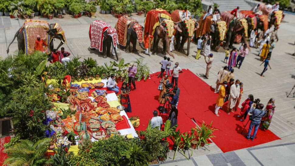 Hindu devotees look at Lord Jagannath 'Mameru' ahead of annual Rath Yatra