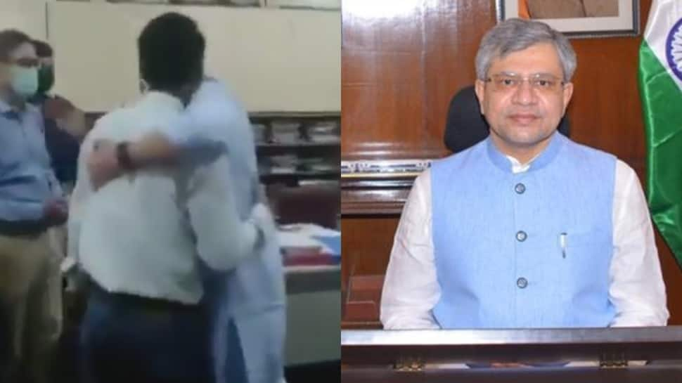 &#039;Aao, aao gale lagte hain bhayi&#039;: Ashwini Vaishnaw hugs employee after finding out he is alumnus of his college -- Watch