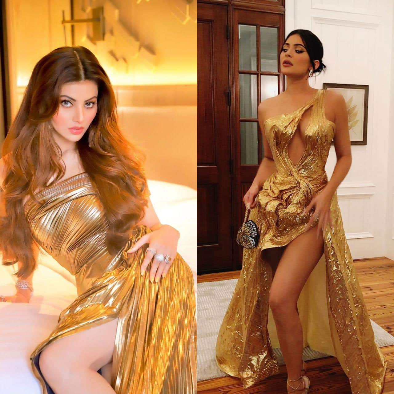 Urvashi Rautela oozes oomph in metallic gold one-sided off-shoulder dress,  reminds fans of Kylie Jenner - In Pics | News | Zee News