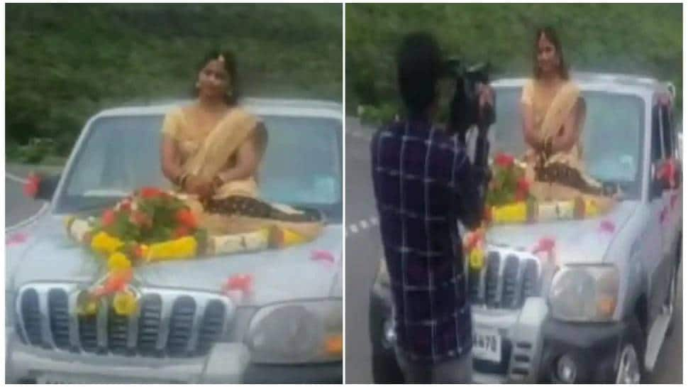 Bride booked for not wearing mask as she poses on top of a moving car - Video goes viral