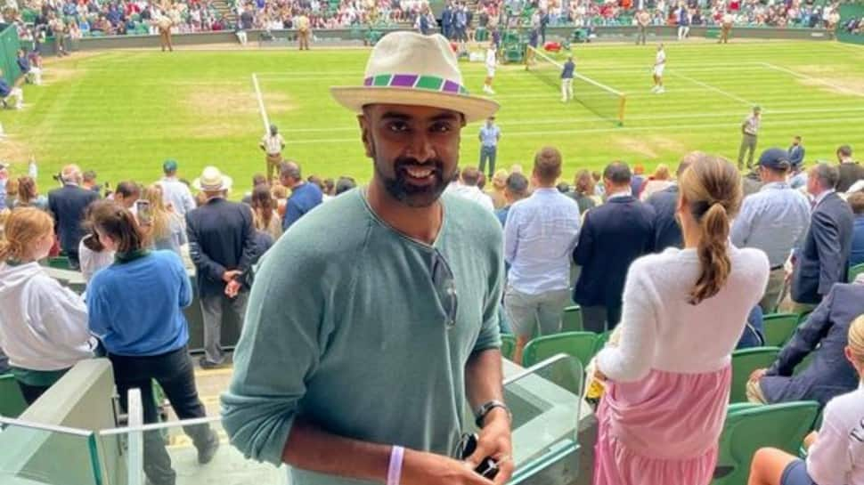 India off-spinner Ravichandran Ashwin at the Wimbledon centre court to watch semifinals between Denis Shapovalov and Novak Djokovic. (Source: Twitter)