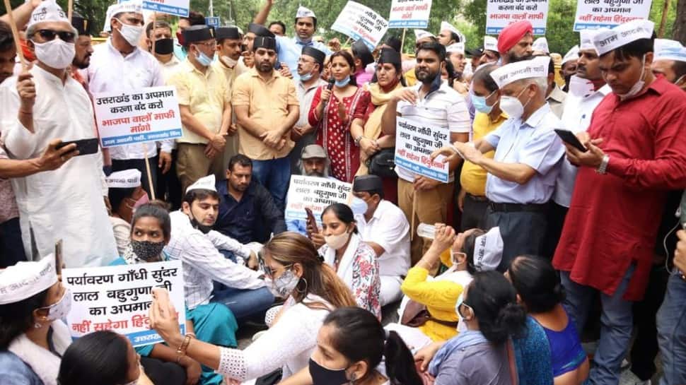AAP Uttarakhand wing protests at BJP office over remarks made against Sunderlal Bahuguna