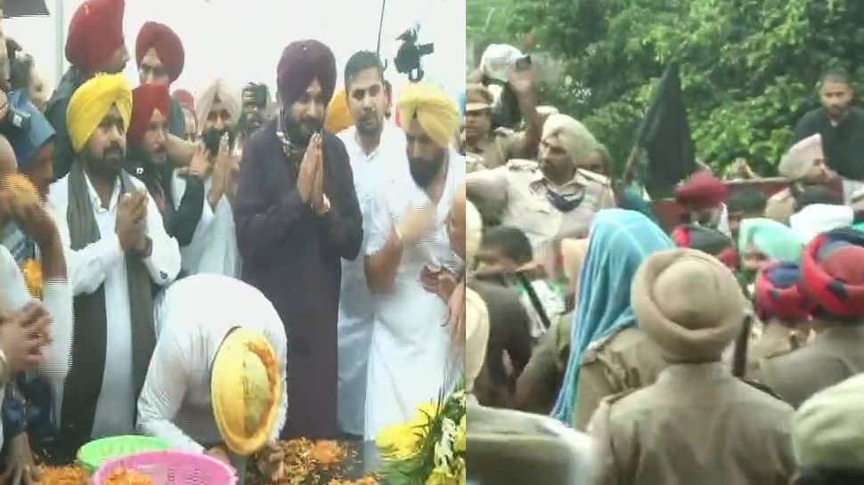 Navjot Singh Sidhu, the newly appointed Punjab Congress chief, shown black flags by farmers opposing farm laws in Ludhiana
