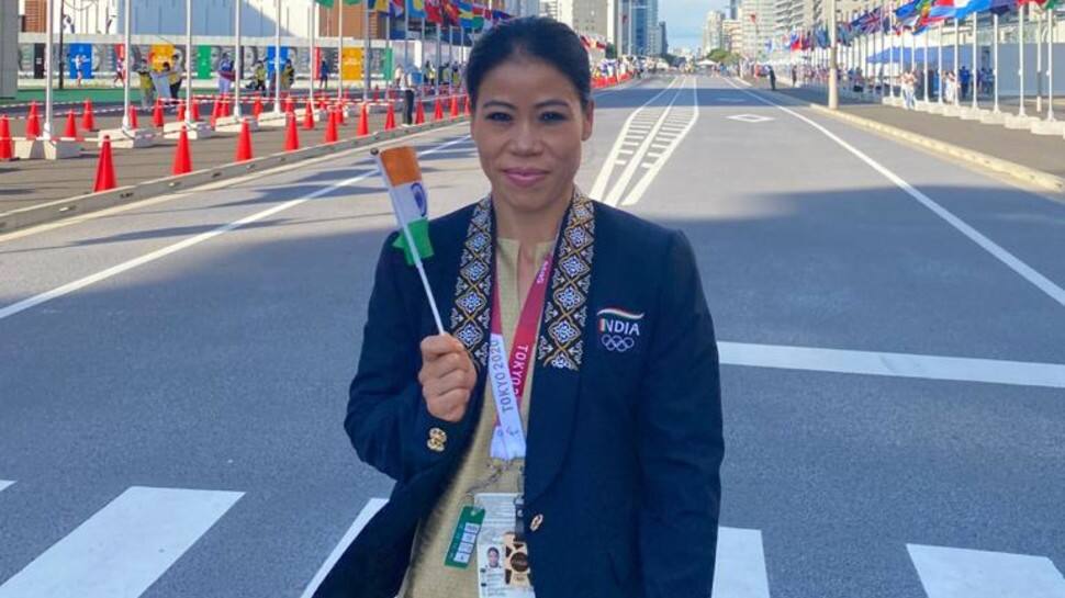 2012 London Olympic bronze-medal winning boxer MC Mary Kom gets ready for opening ceremony of Tokyo Olympics. (Source: Twitter)