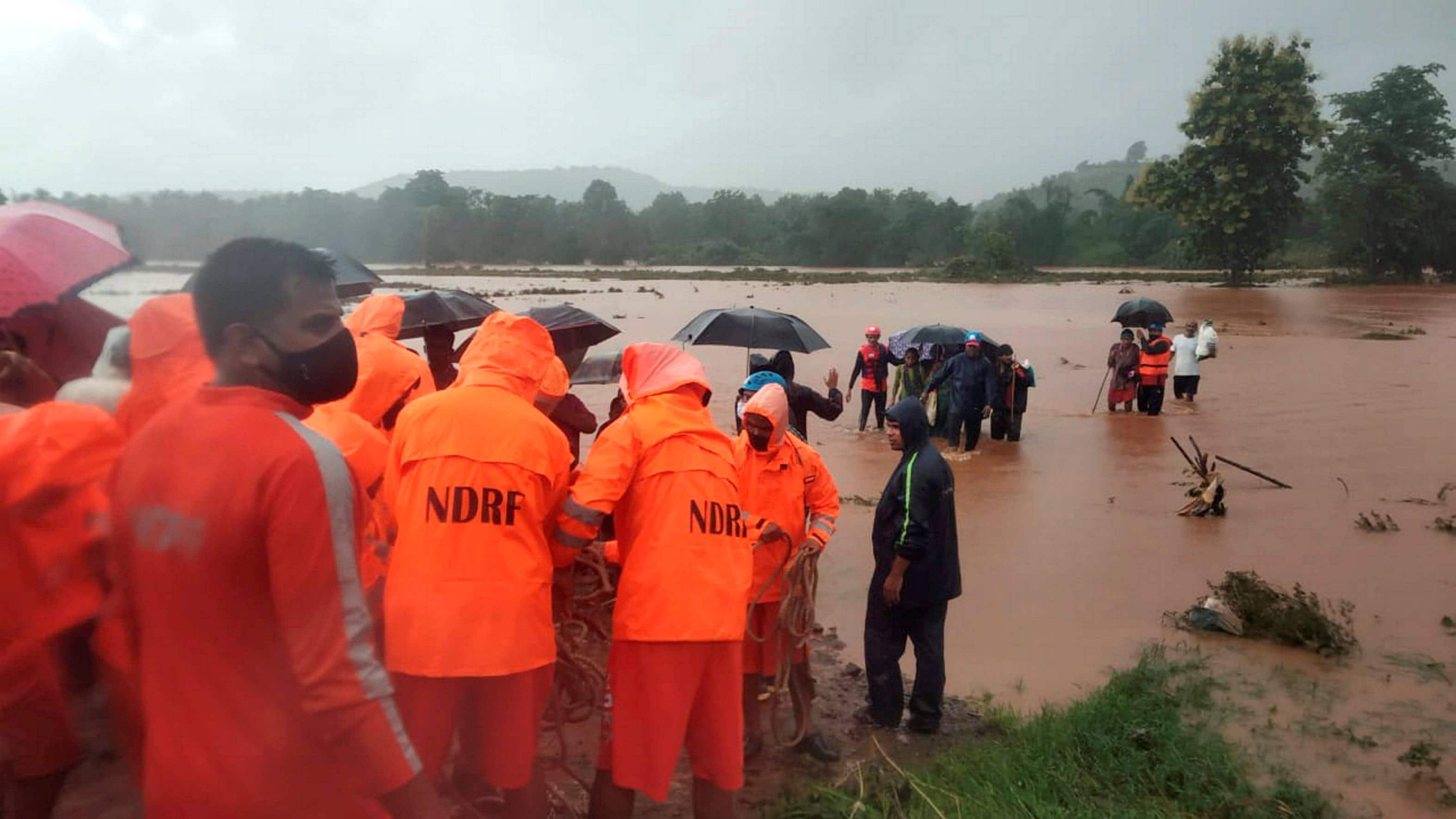 NDRF team carry out rescue work in flood-hit Chiplun in Ratnagiri district of Maharashtra, following heavy monsoon rains