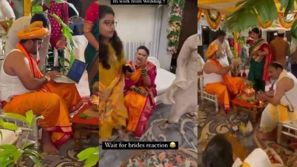 Dulha sitting in &#039;mandap&#039; opens laptop to finish work, bride has a hearty laugh - Watch