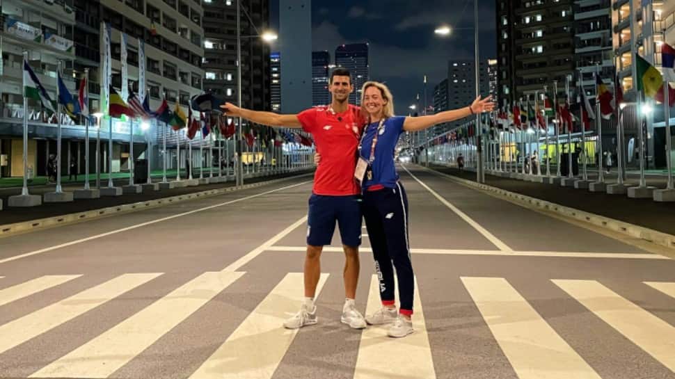 Serbian tennis doubles star Nina Stojanovic poses with her mixed doubles partner Novak Djokovic at the Tokyo Olympics Athletes Village. (Source: Twitter)
