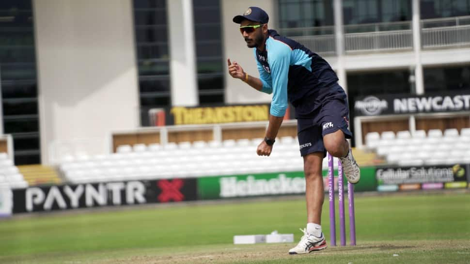 All-rounder Axar Patel bowls during a practise session at Trent Bridge in Nottingham ahead of the first Test against England. (Source: Twitter)