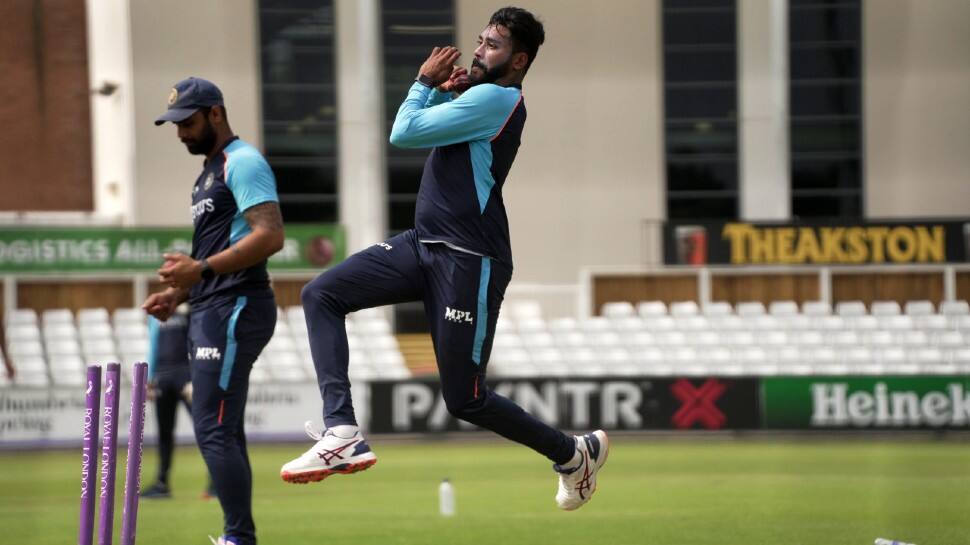 Indian paceman Mohammed Siraj bowls during a practice session at Trent Bridge in Nottingham. (Source: Twitter)