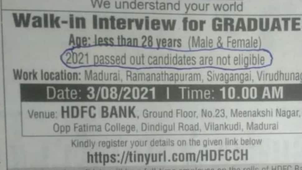 HDFC&#039;s job circular &#039;2021 passed out candidates are not eligible&#039; goes viral, bank issues clarification