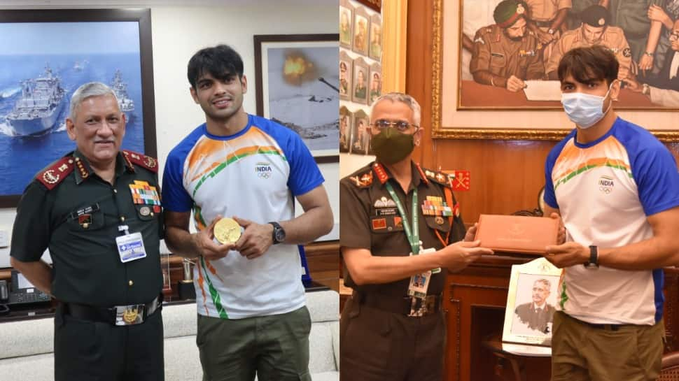 CDS Bipin Rawat and Army Chief General MM Naravane meet Neeraj Chopra