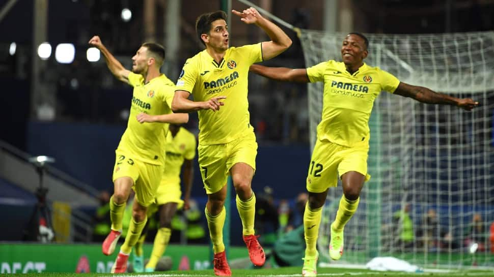 Villareal's Gerard Moreno celebrates after scoring the equaliser against Chelsea in their UEFA Super Cup clash in Belfast. (Source: Twitter)