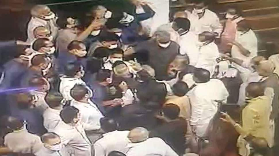 CCTV footage shows Opposition MPs jostling with marshals in Rajya Sabha, Govt says &#039;creating anarchy is their main agenda&#039;