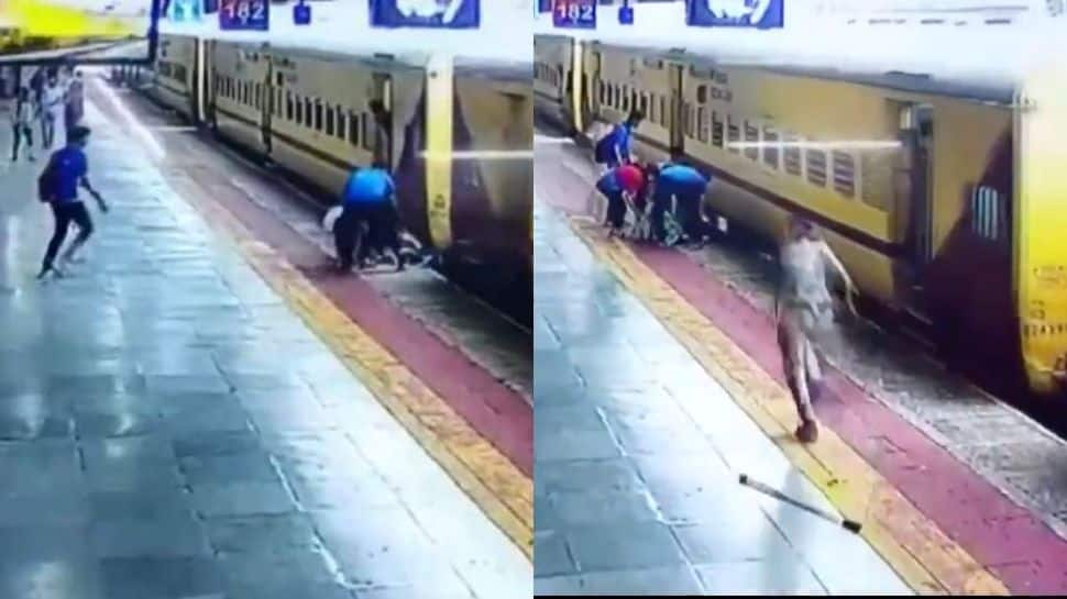 Caught on camera: Indore woman falls under moving train, saved by alertness of co-passengers- Watch